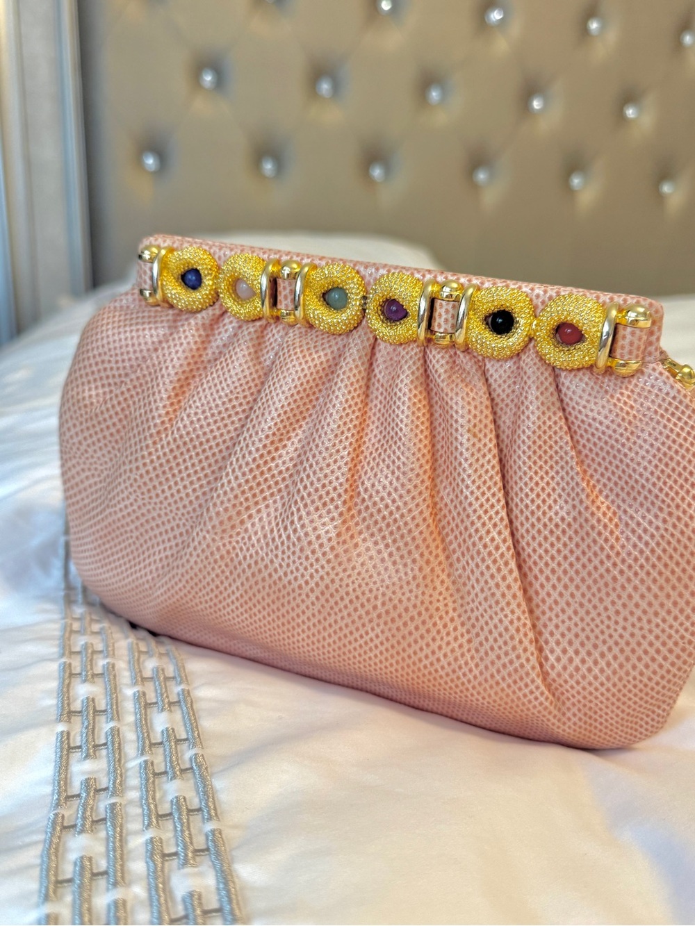 Rare Vintage Judith Leiber Dusty Pink Lizard Jewel Frame Evening Bag